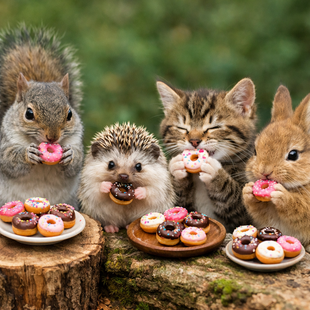 Squirrel, hedgehog, kitten, and bunny holding mini donuts with plates of assorted tiny donuts on logs