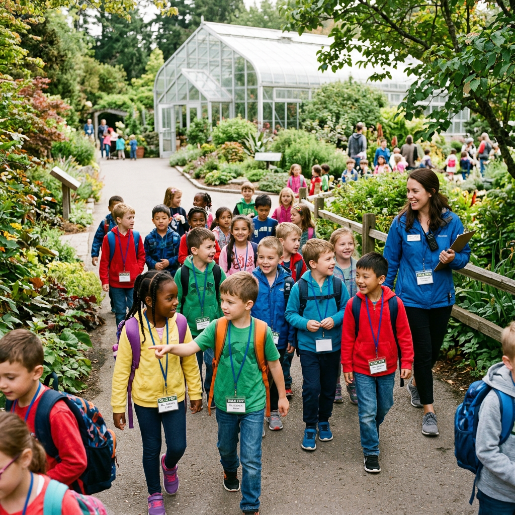 Children and a teacher walking along a garden path near a greenhouse